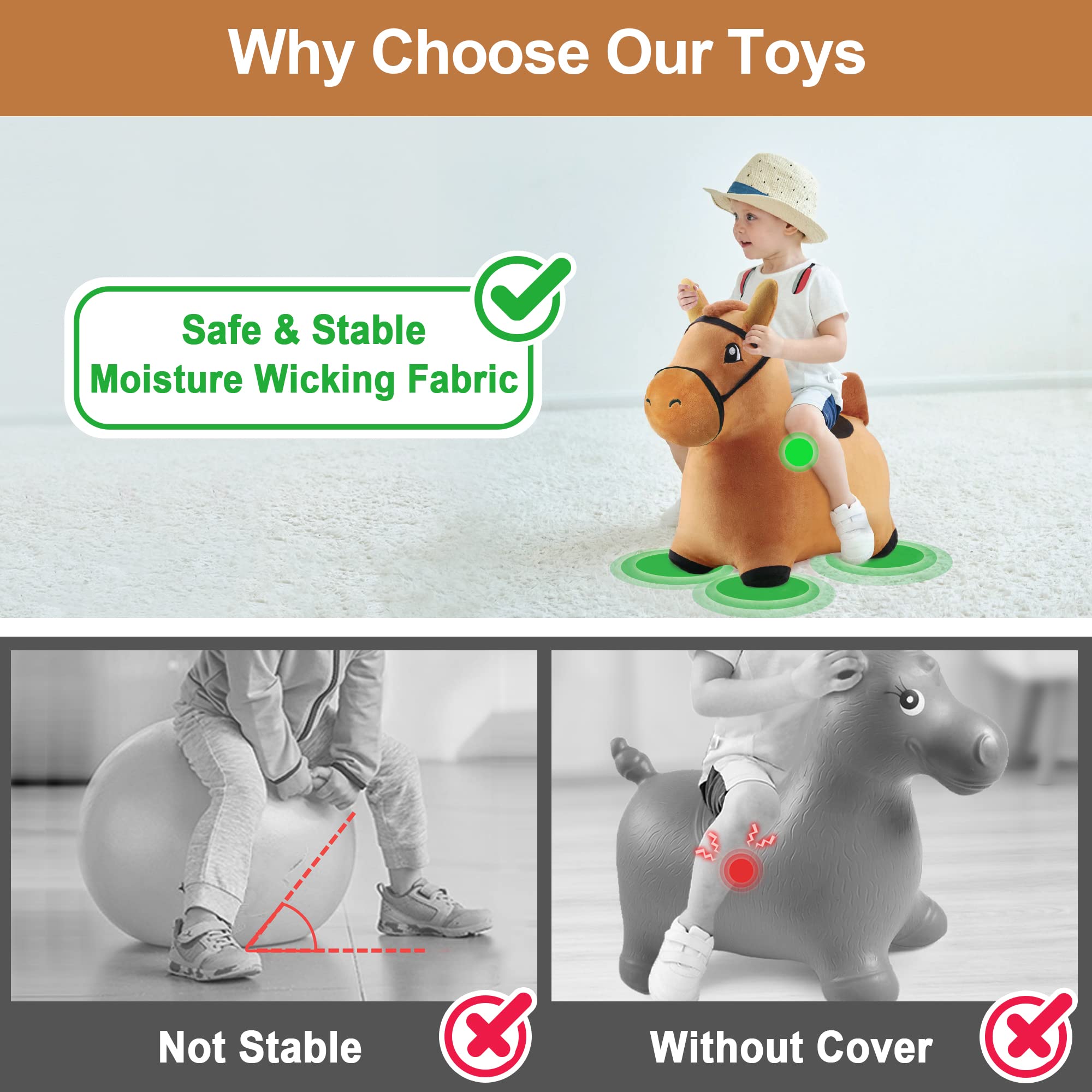 iPlay iLearn Bouncy Pals brown hopping horse inflated for indoor outdoor fun.
