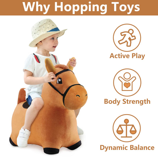 iPlay iLearn Bouncy Pals brown hopping horse side view encourages active mobility.