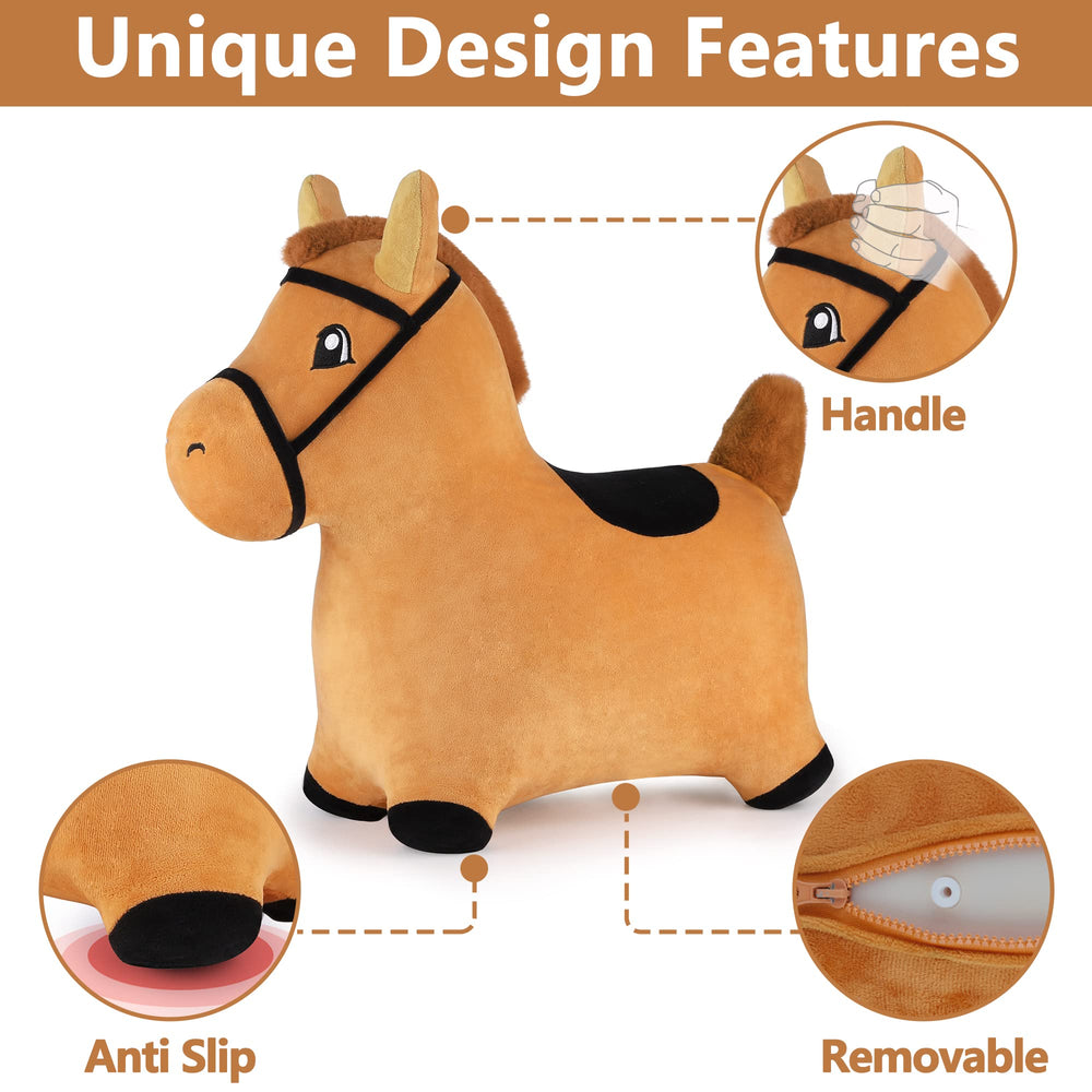 iPlay iLearn Bouncy Pals brown hopping horse with pump for quick setup.