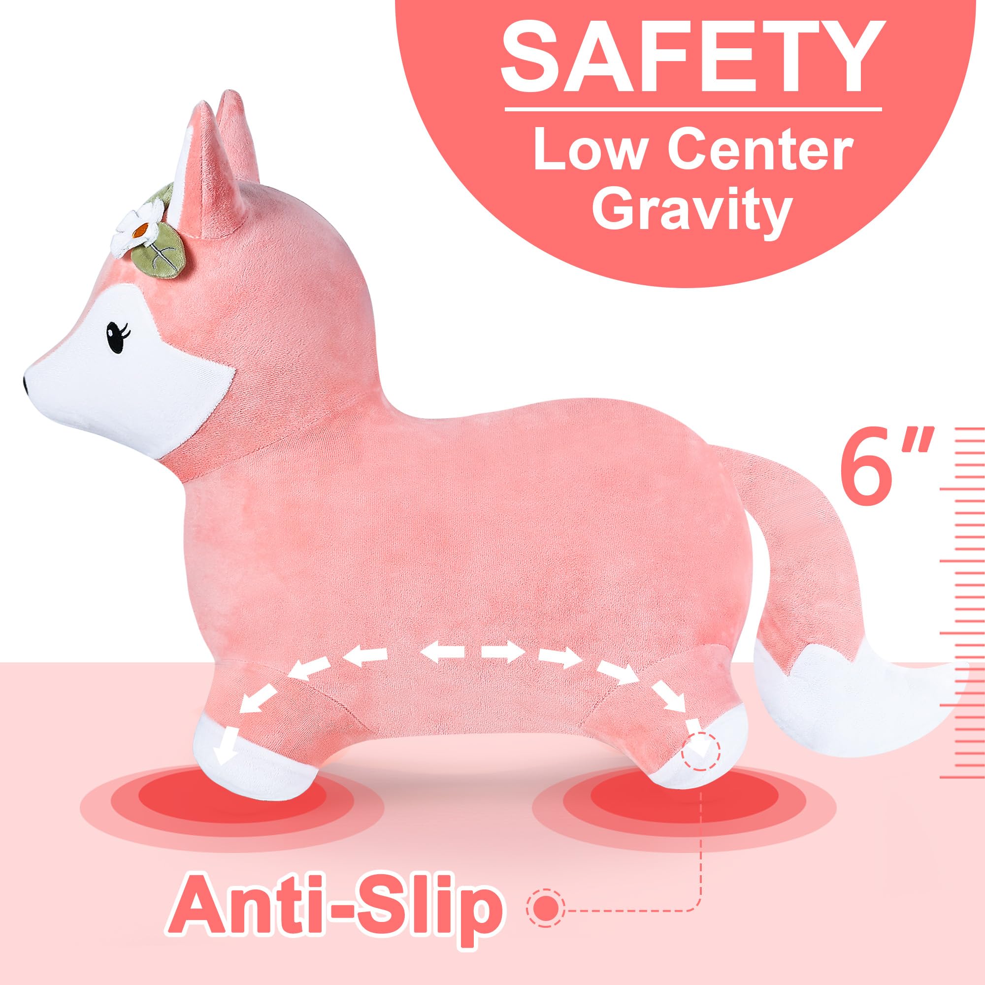 iPlay iLearn Bouncy Pals Fox design with low center of gravity enhances stability.
