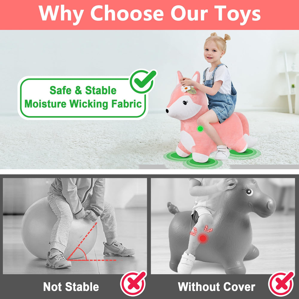 iPlay iLearn Bouncy Pals Fox soft plush cover protects skin during play.