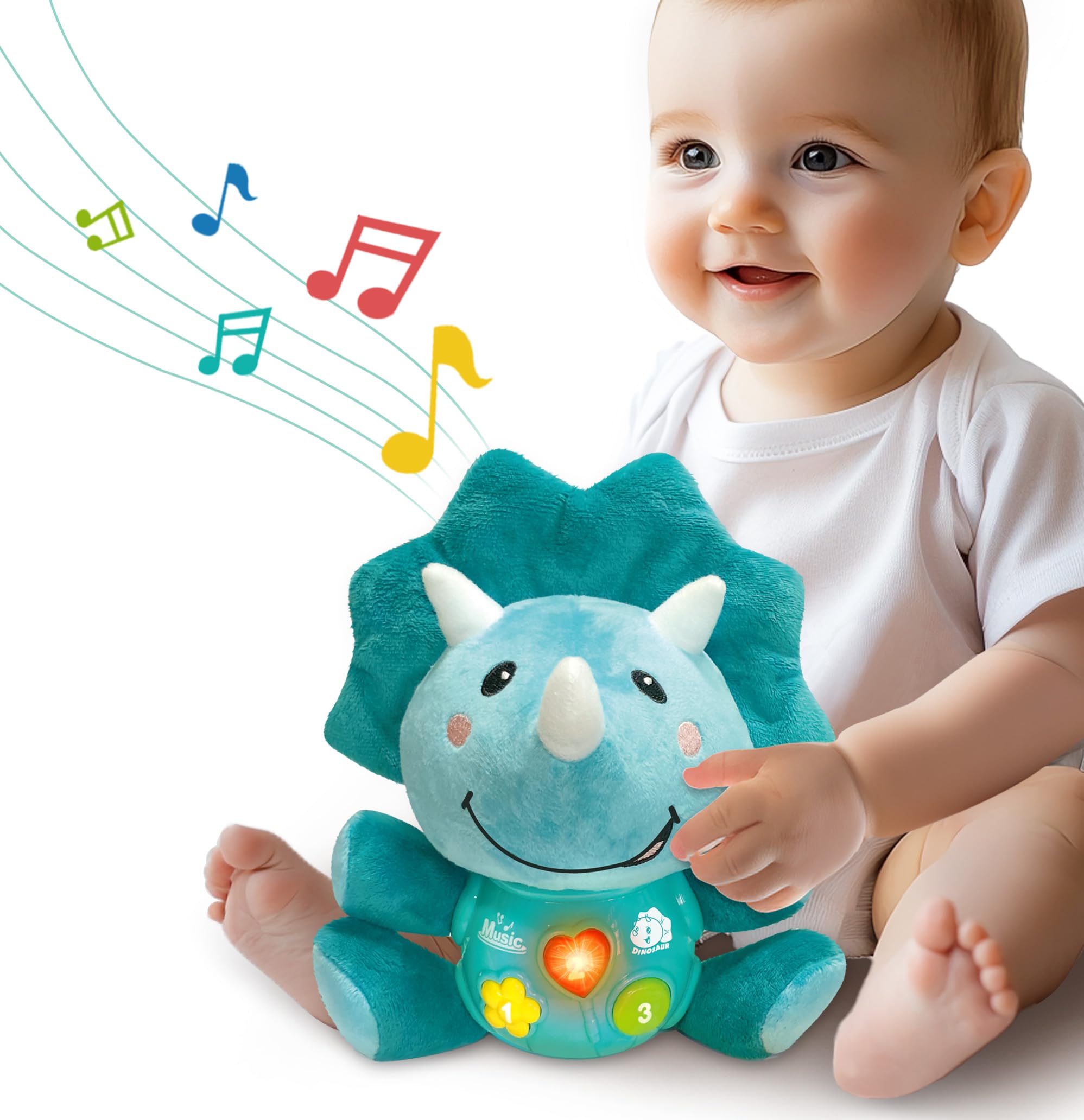 iPlay iLearn dinosaur musical toy with soft plush for a gentle newborn touch.