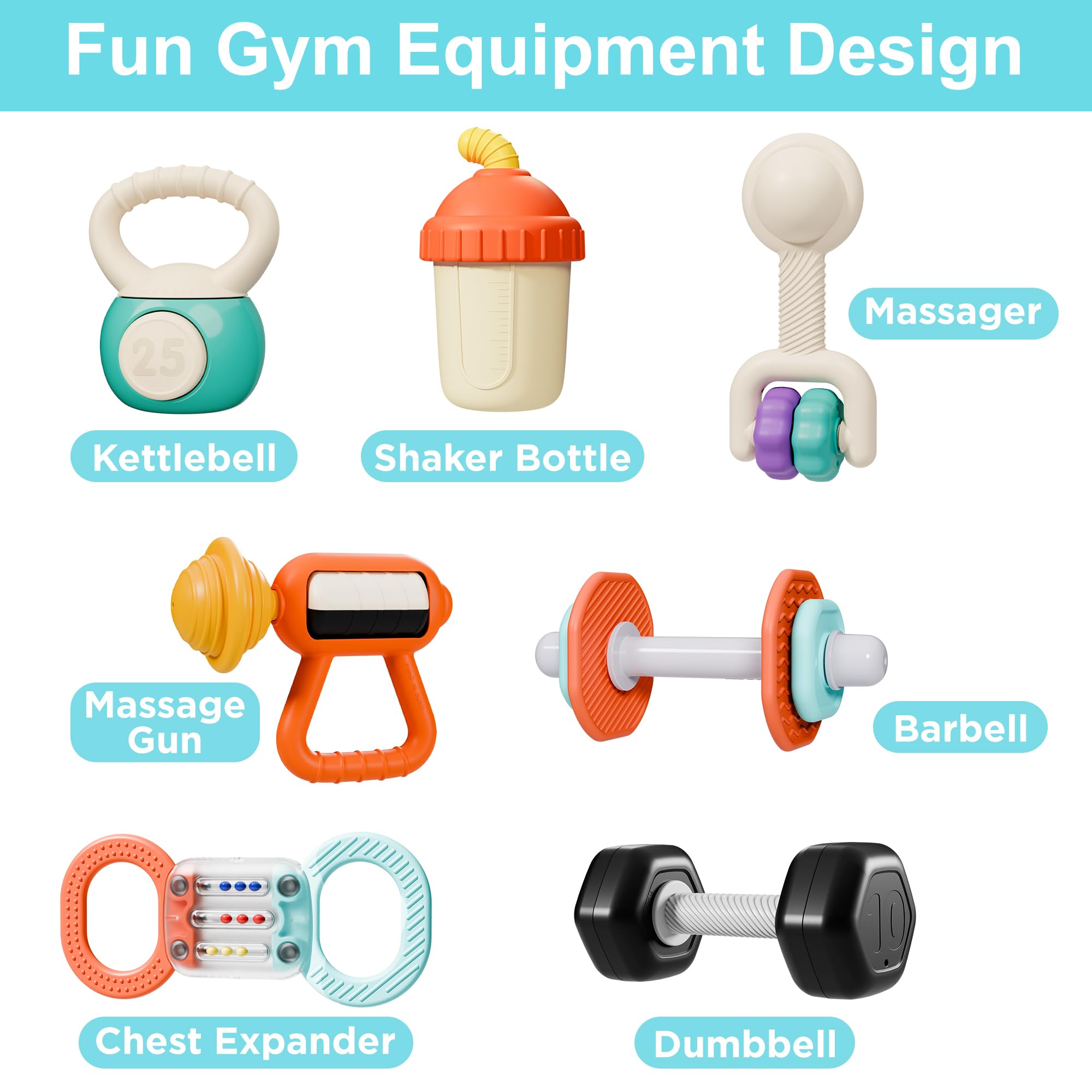 iPlay iLearn dumbbell teether rattle design encourages playful exploration