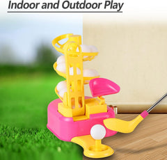 iPlay iLearn girls pink golf set in use for indoor and outdoor play.