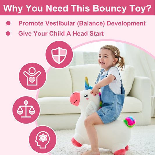iPlay iLearn hopping unicorn front view, engaging ride-on for indoor and outdoor fun