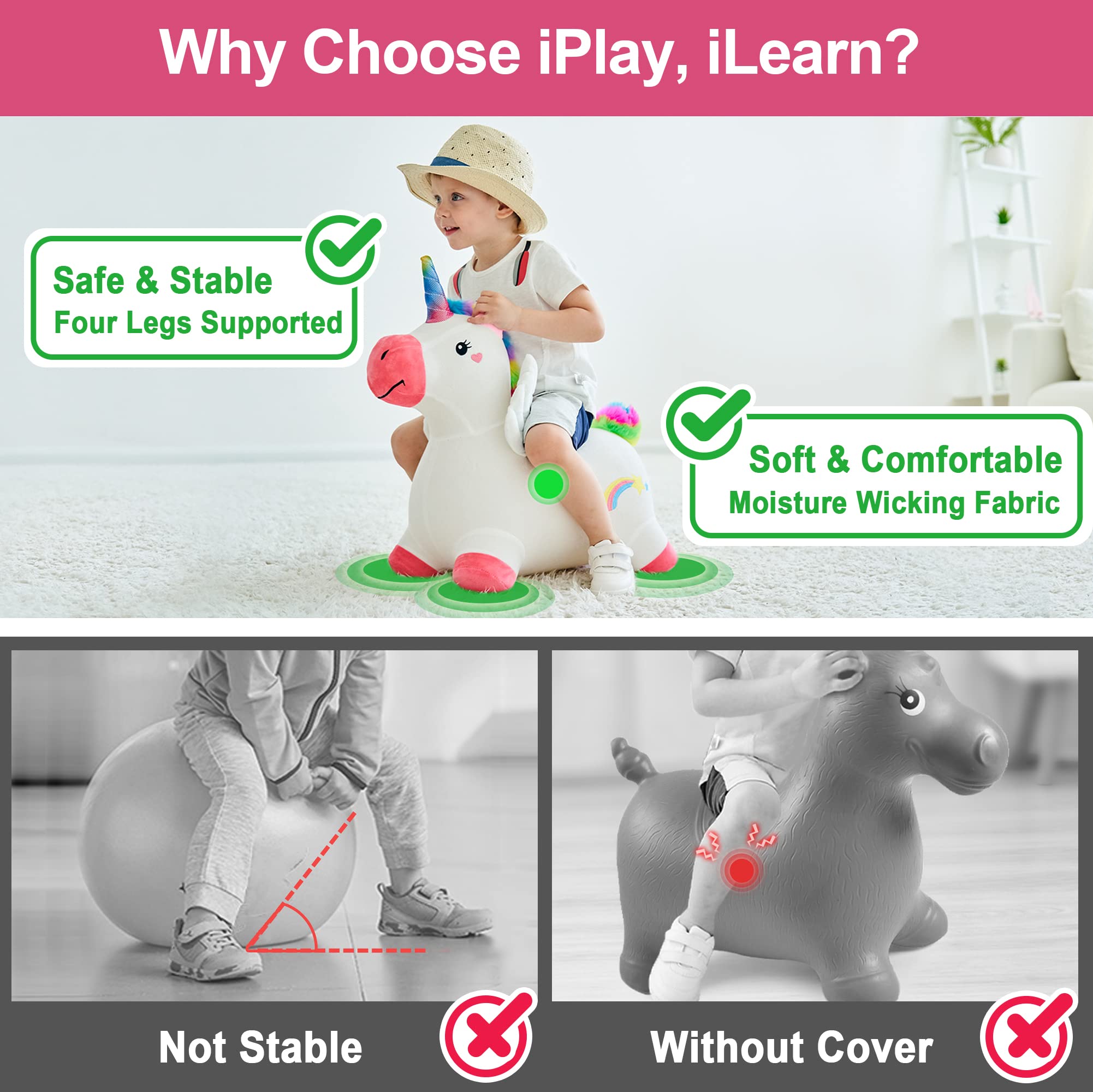 iPlay iLearn hopping unicorn legs provide stability for confident mounting