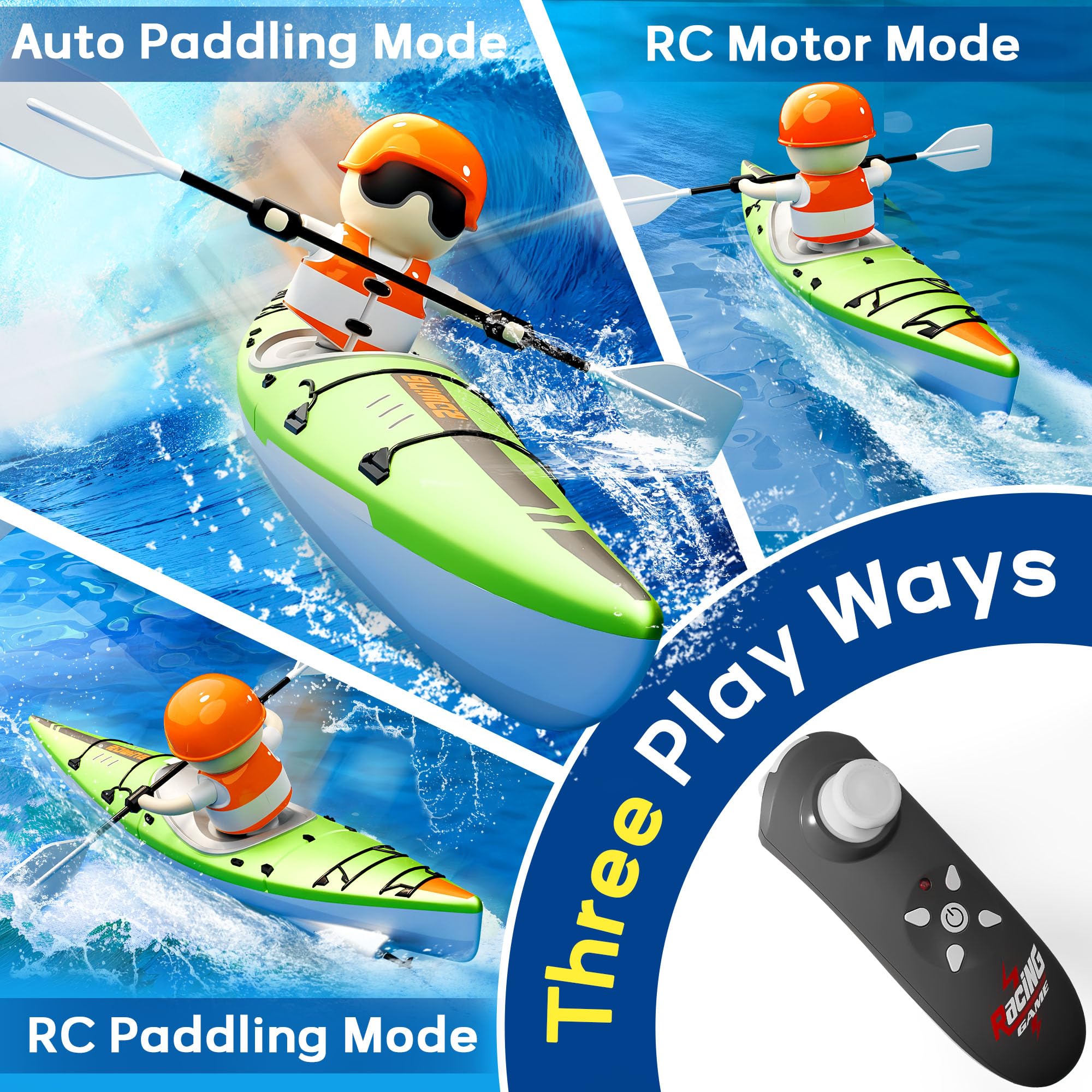 iPlay iLearn RC boat demonstrates kayak-design for fast glide on water.