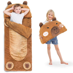 iPlay iLearn plush capybara slumber bag provides a cozy nap spot for kids.