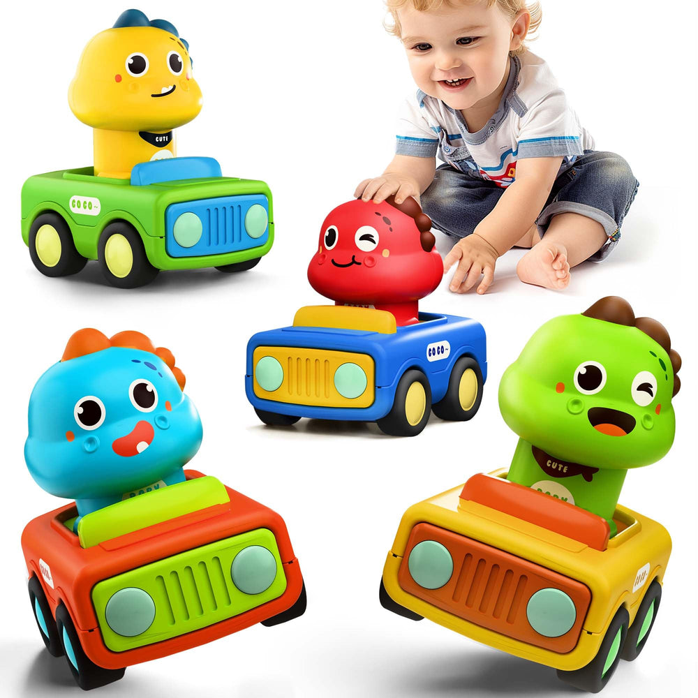 iplay ilearn press go car toy front view showing bright dino design for toddlers.