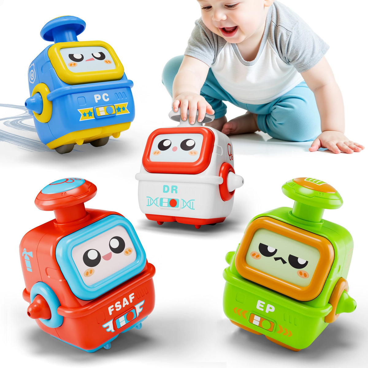 iPlay iLearn press-to-go robot cars in vibrant colors for early color recognition.