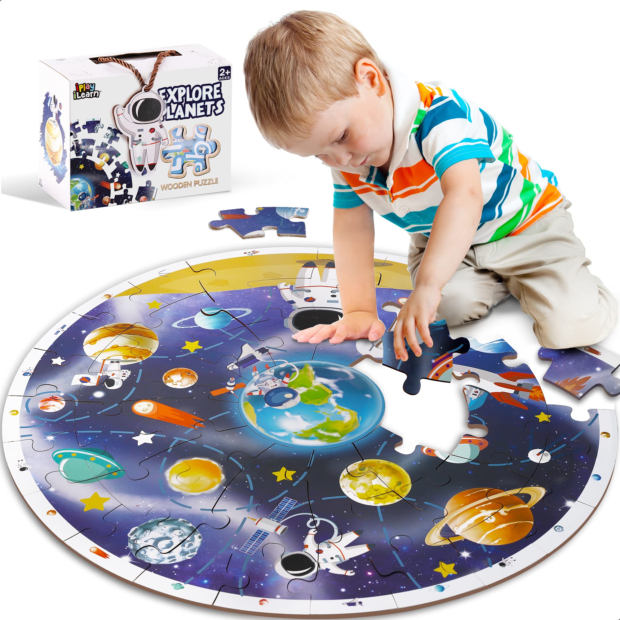 iPlay iLearn solar system floor puzzle front view promotes hands-on space learning.
