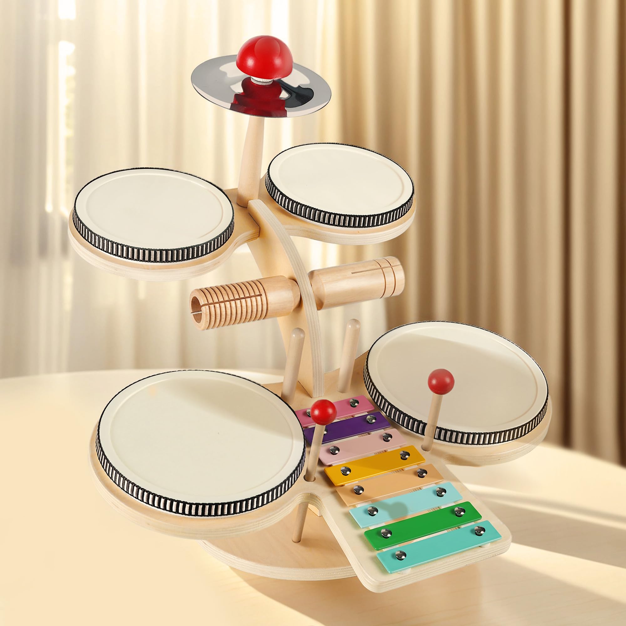 iPlay iLearn toddler wooden drum set full view for collaborative musical play.