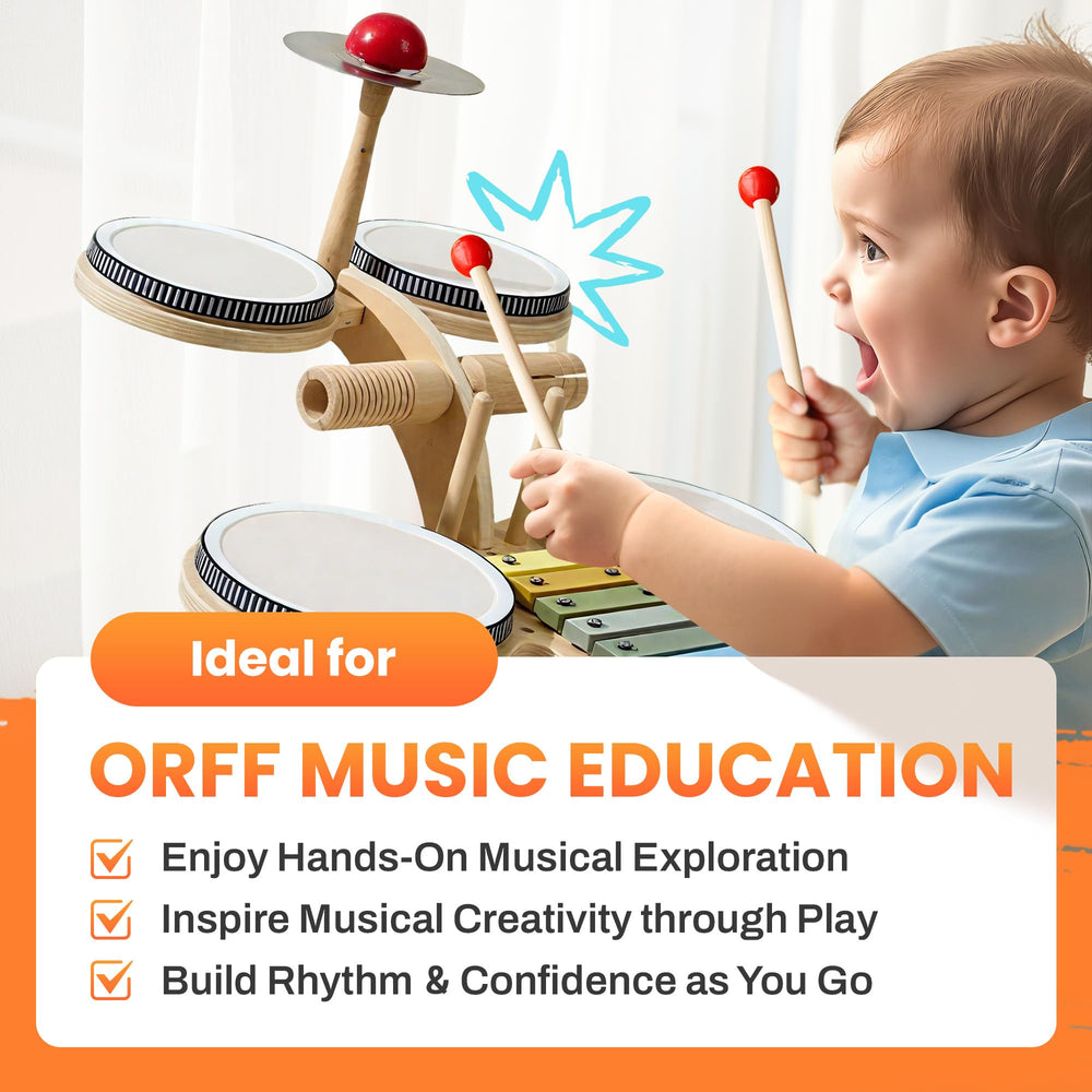 iPlay iLearn wooden drum set side panel highlighting sturdy stability for safe play.
