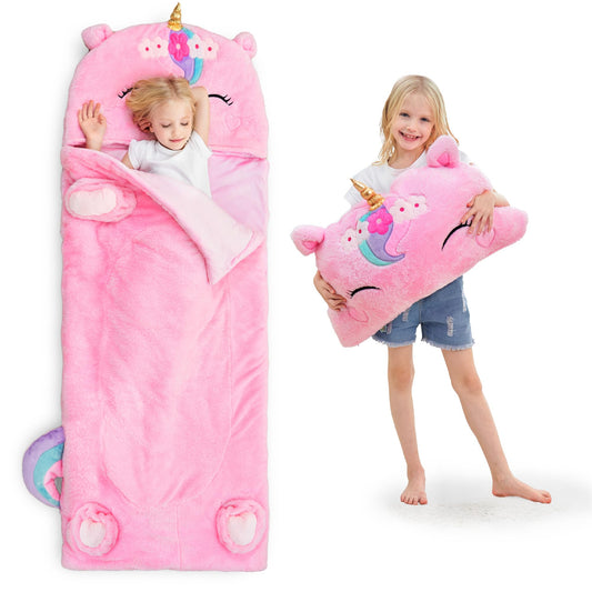 iplay iLearn unicorn sleeping bag folded into a pillow for cozy naps.