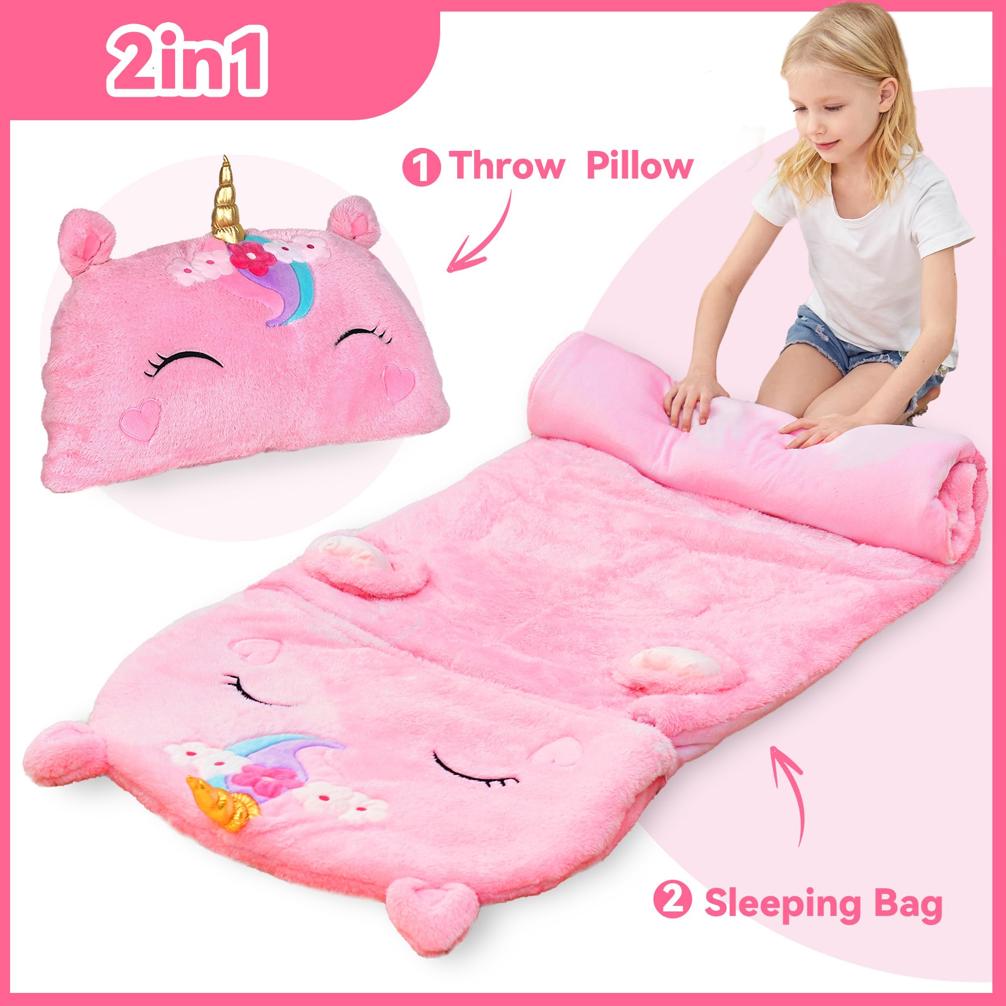 iplay iLearn unicorn sleeping bag machine washable for easy care.