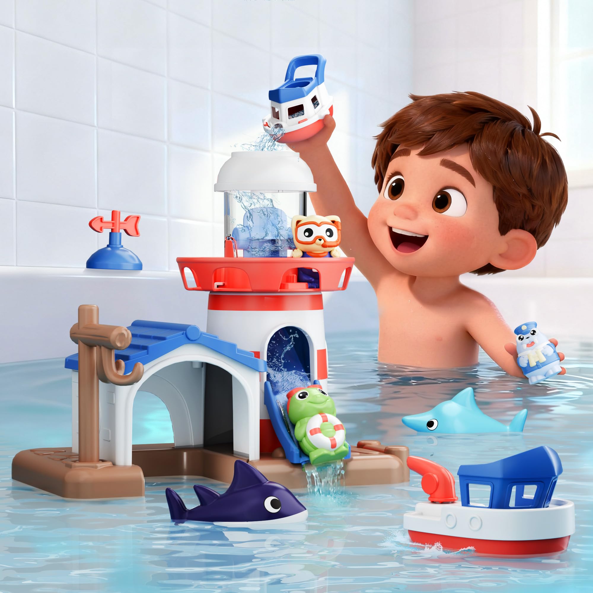iPlay iLearn wind-up boat for tactile exploration during bath time.