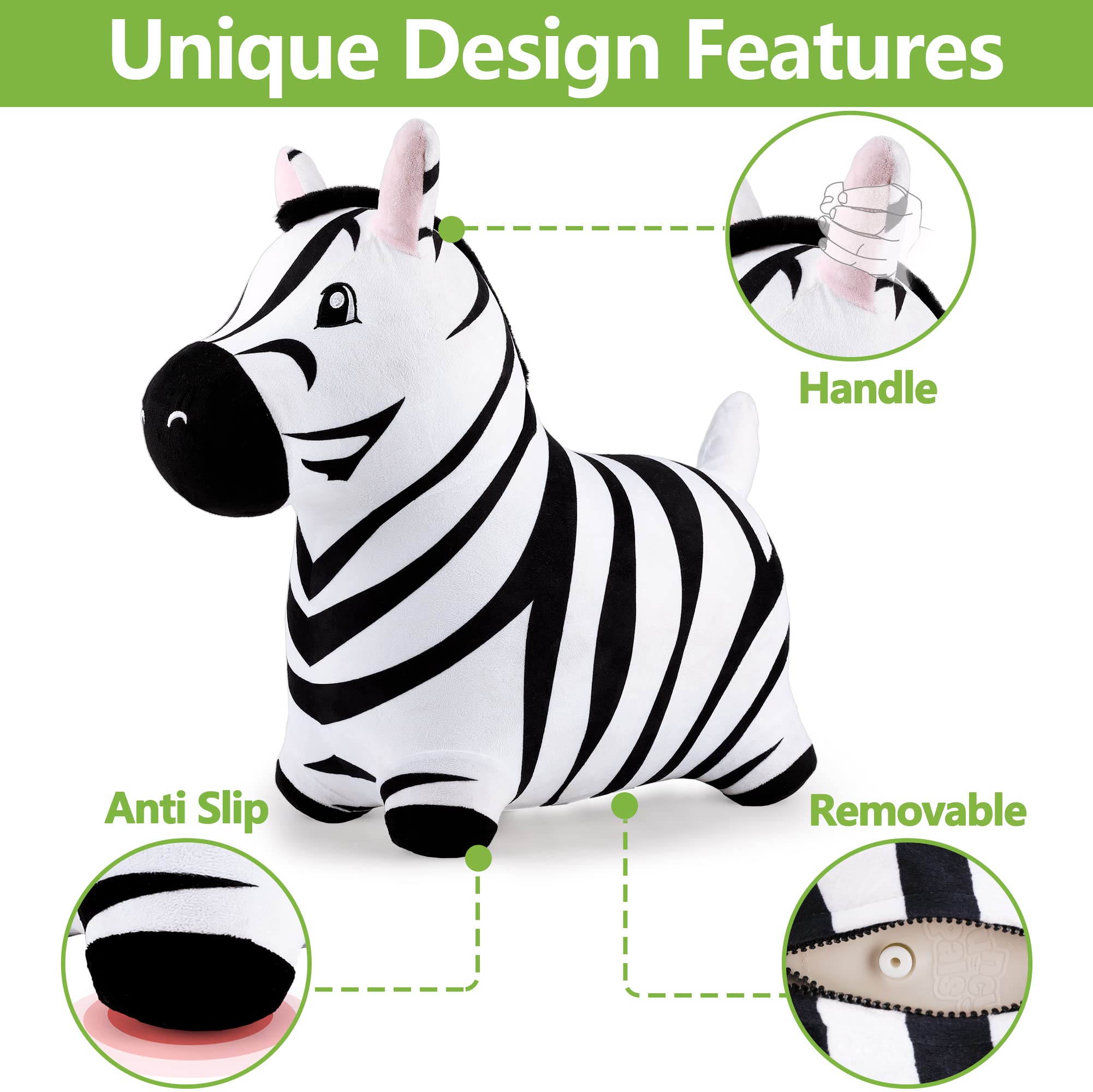 iPlay iLearn Zebra Hopper four-leg stability promotes balanced, confident hopping.