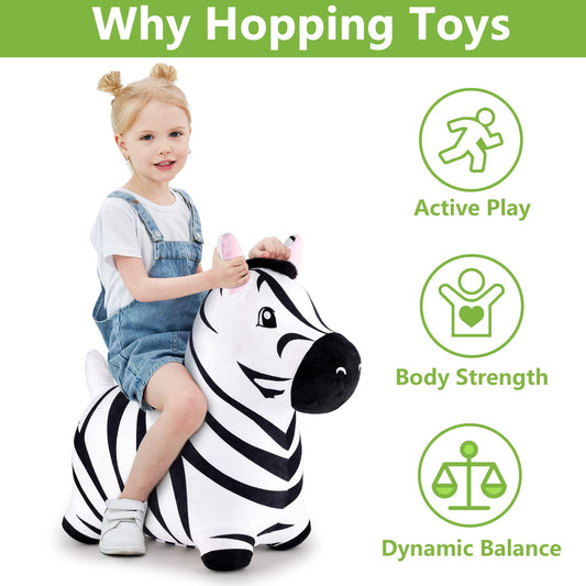 iPlay iLearn Zebra Hopper inflation process shows quick setup with included hand pump.
