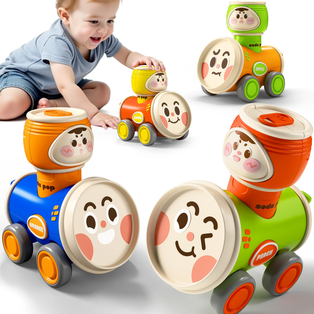 iPlay Press & Go car front view with safe rounded edges and vibrant colors for toddlers.