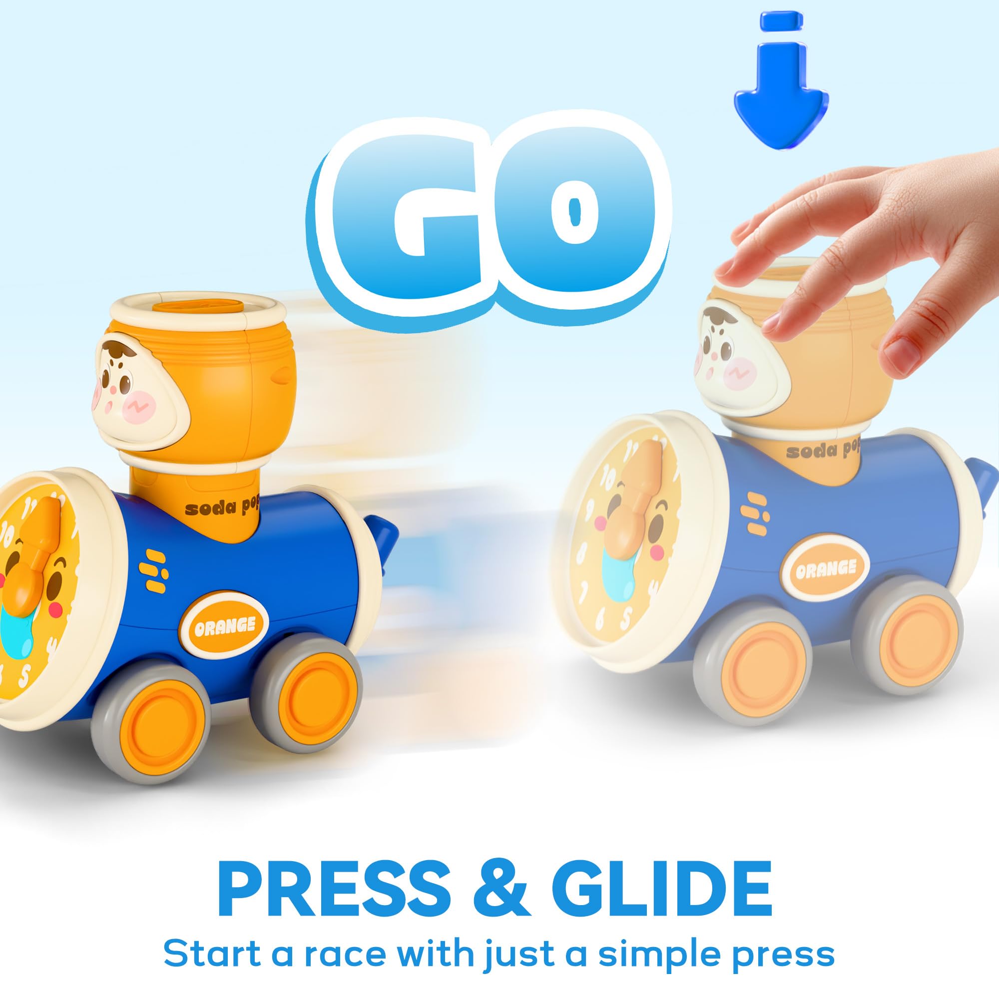 iPlay Press to Go Car front view with bright colors and clocks.