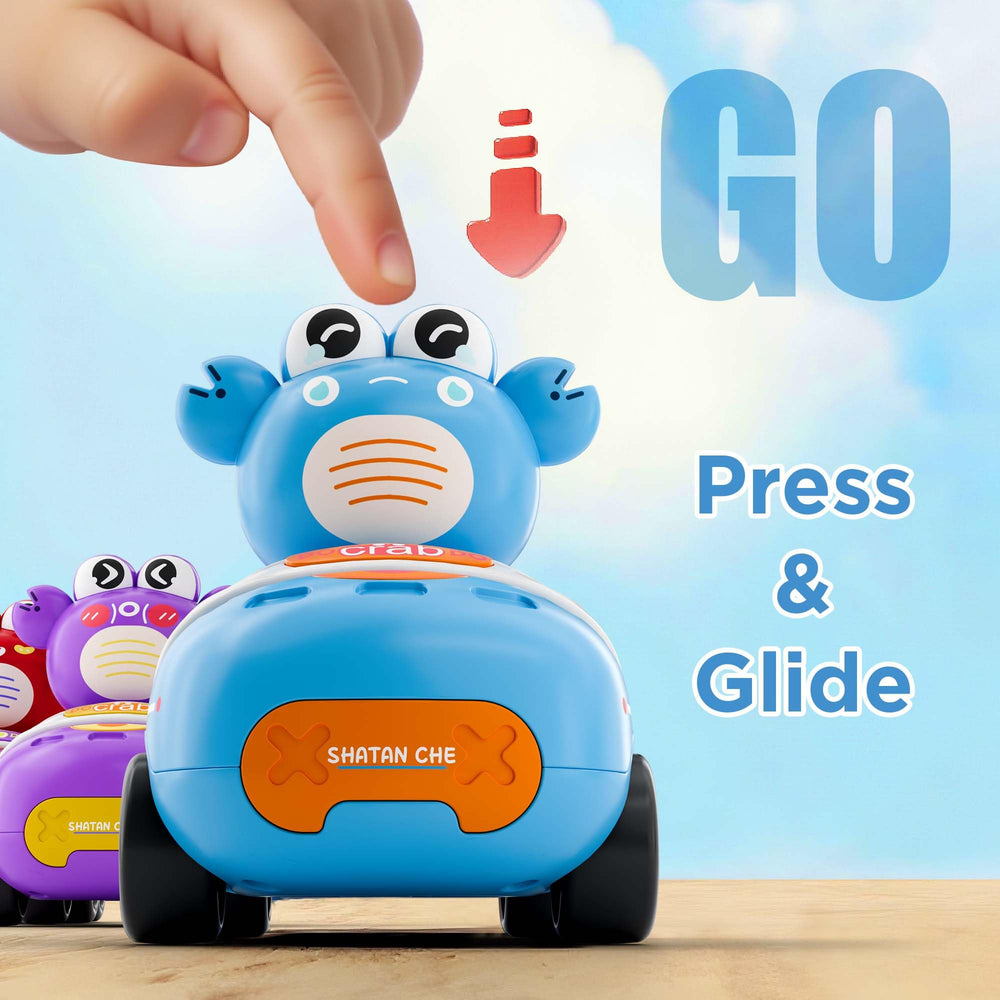 iPlay press-to-go crab car side view supports motor skill exploration