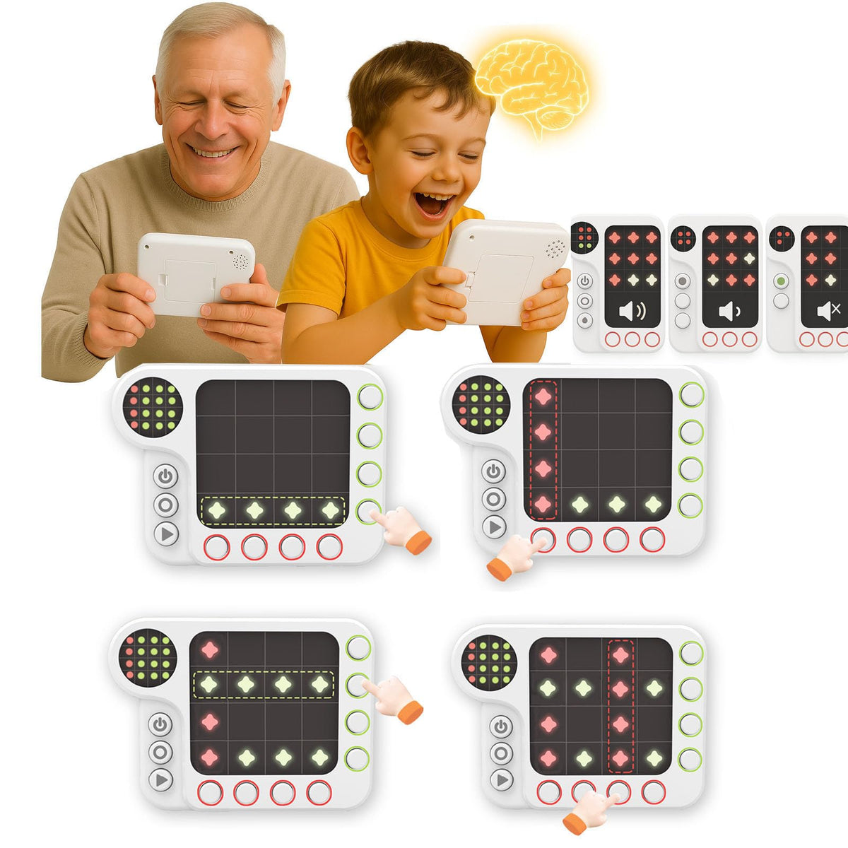 IPLAYBLOOM Logic Brain Teasers handheld device with bright lights for portable puzzle fun.
