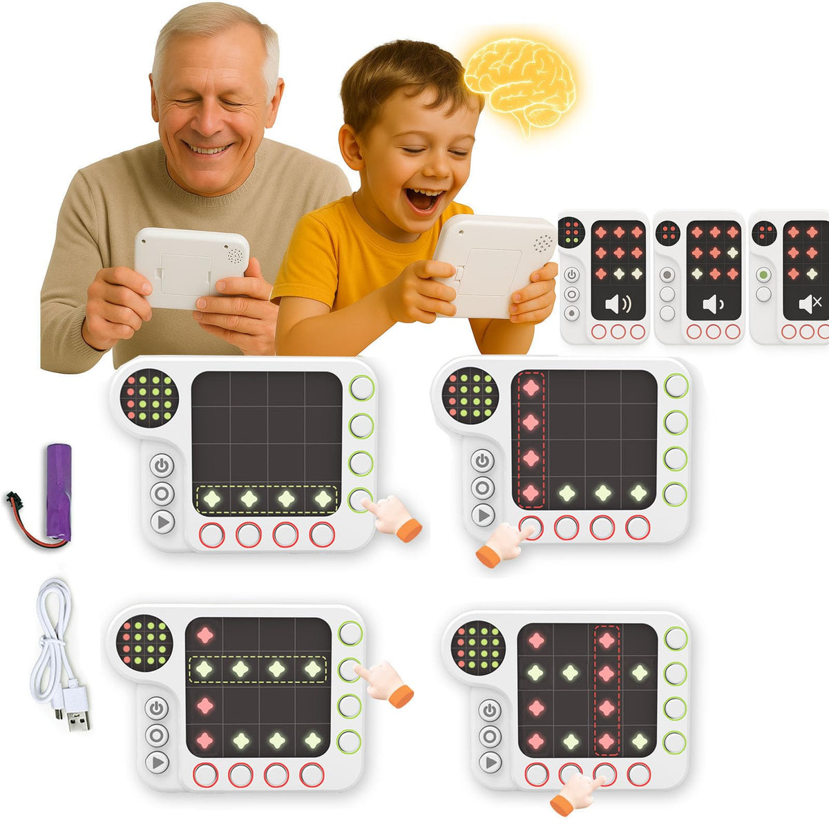 IPLAYBLOOM rechargeable brain game front view, compact handheld for travel and quick brain workouts.