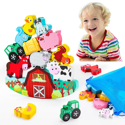 IPOURUP farm animal blocks on a wooden balance base ready for stacking