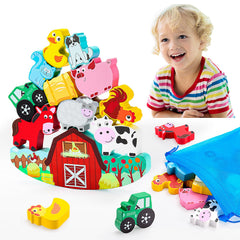IPOURUP farm animal blocks on a wooden balance base ready for stacking