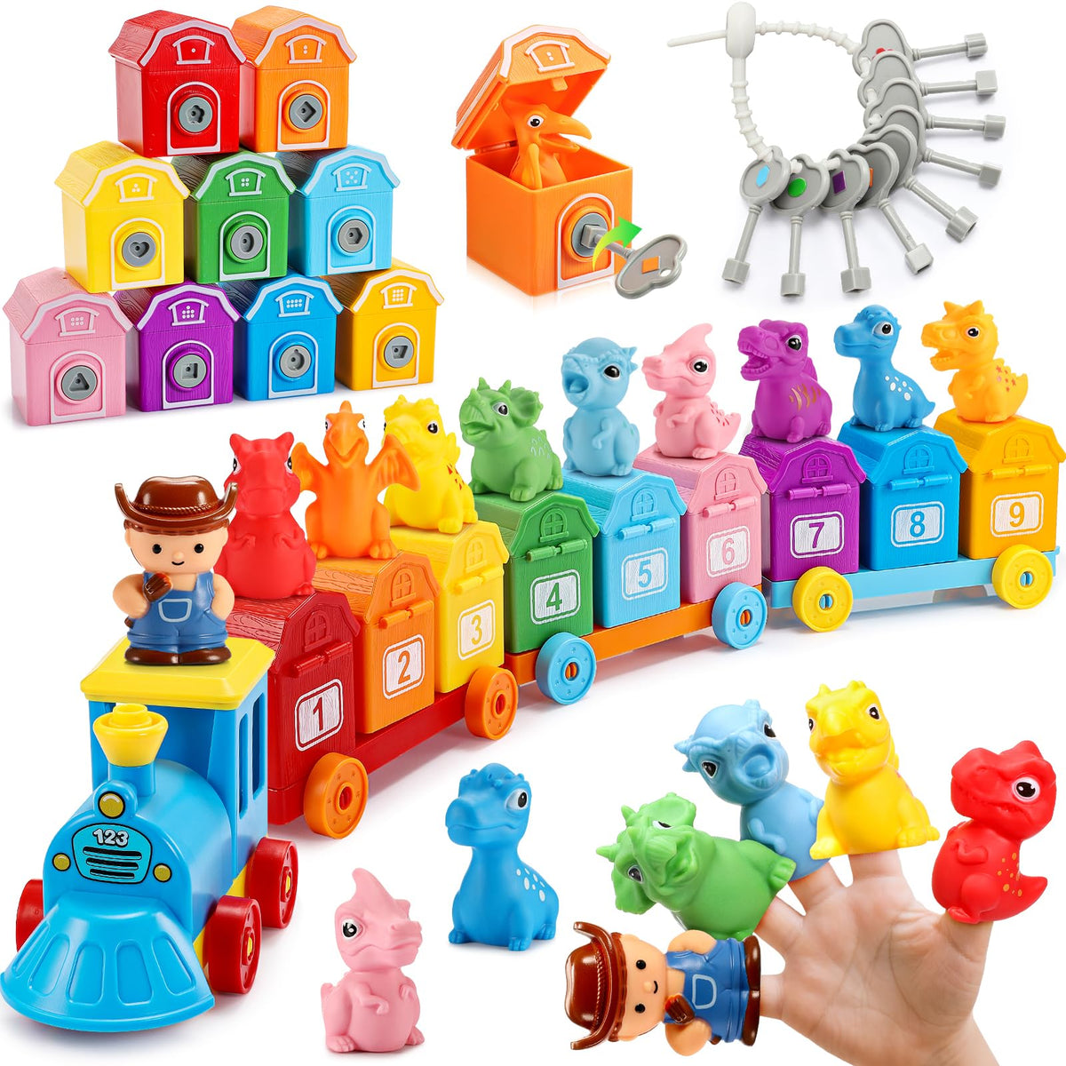 IPOURUP toddler dino train keys and locks supporting fine motor skills through shape matching.