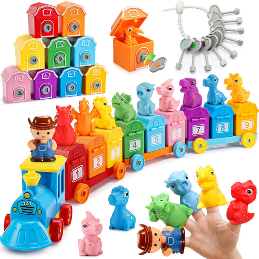 IPOURUP toddler dino train keys and locks supporting fine motor skills through shape matching.