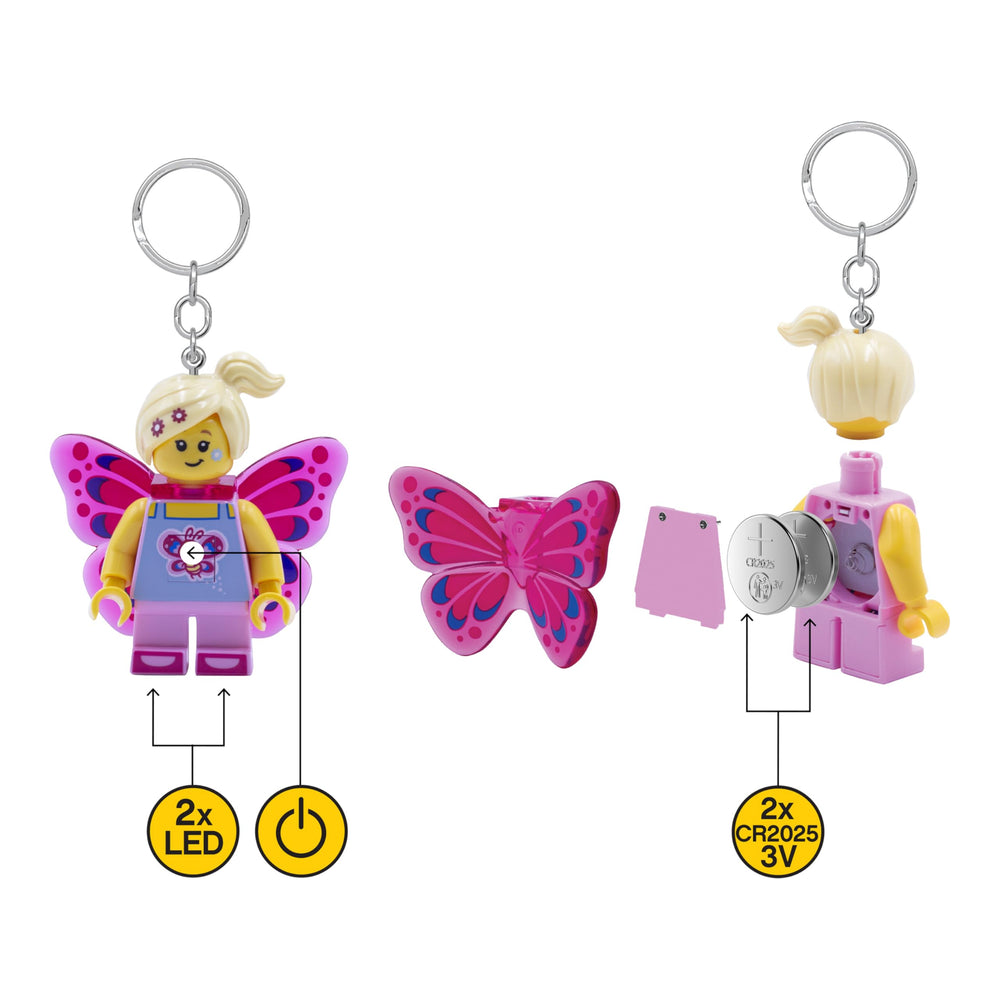 IQ LEGO Butterfly Girl keychain light back view emphasizes compact form