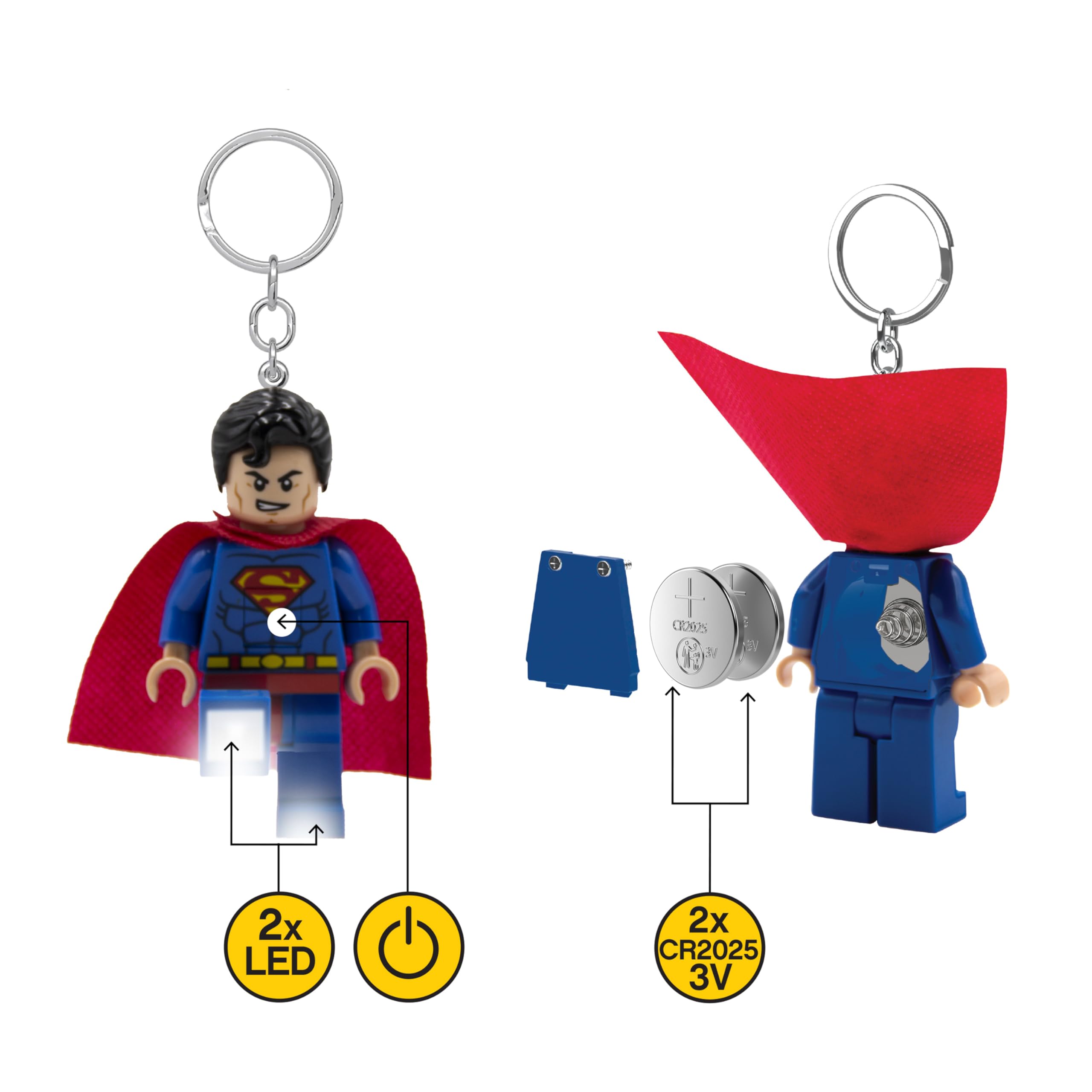 IQ LEGO DC Superman keychain light chest switch for easy on off control.