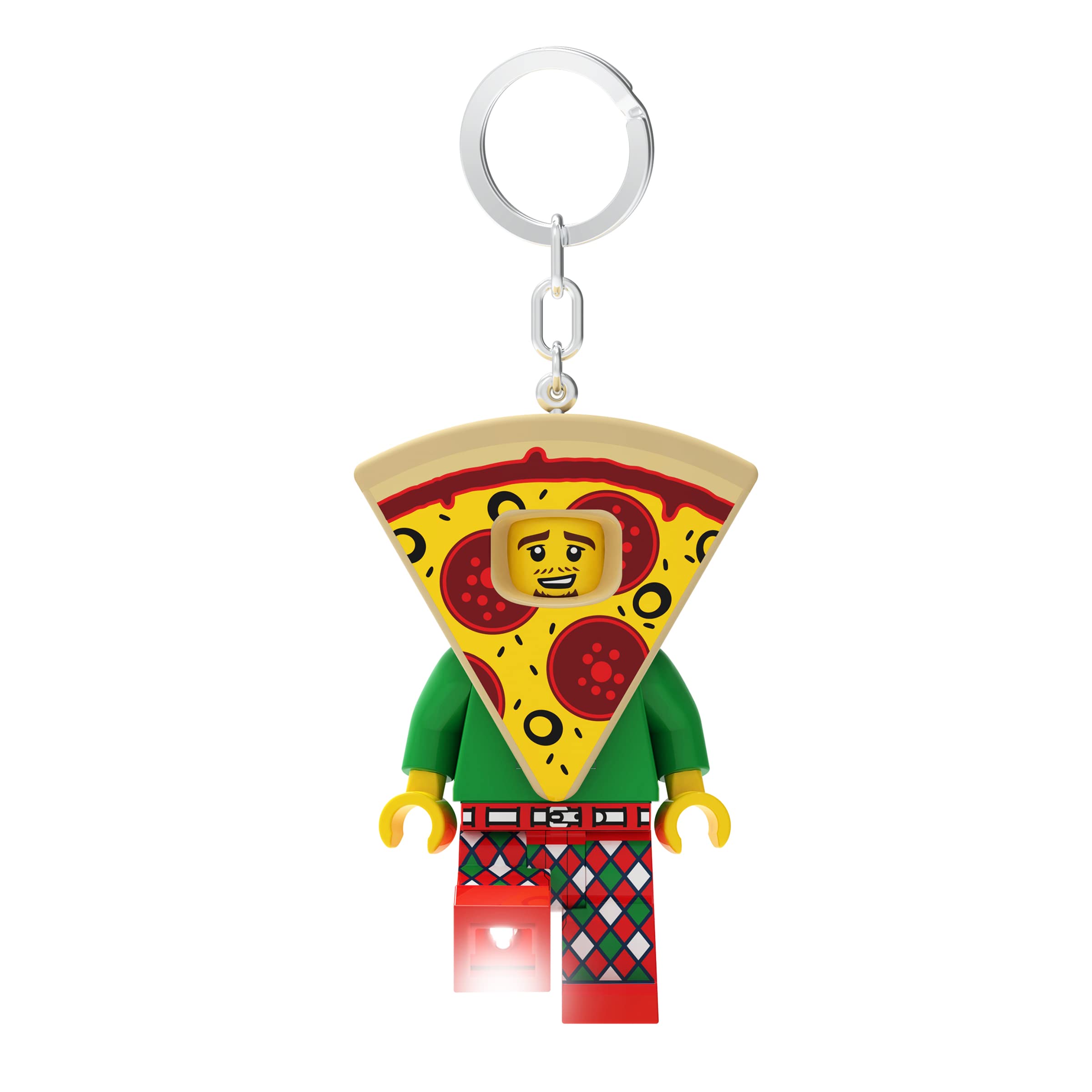 IQ LEGO Pizza Costume Guy LED keylight, front view with bright foot illumination.