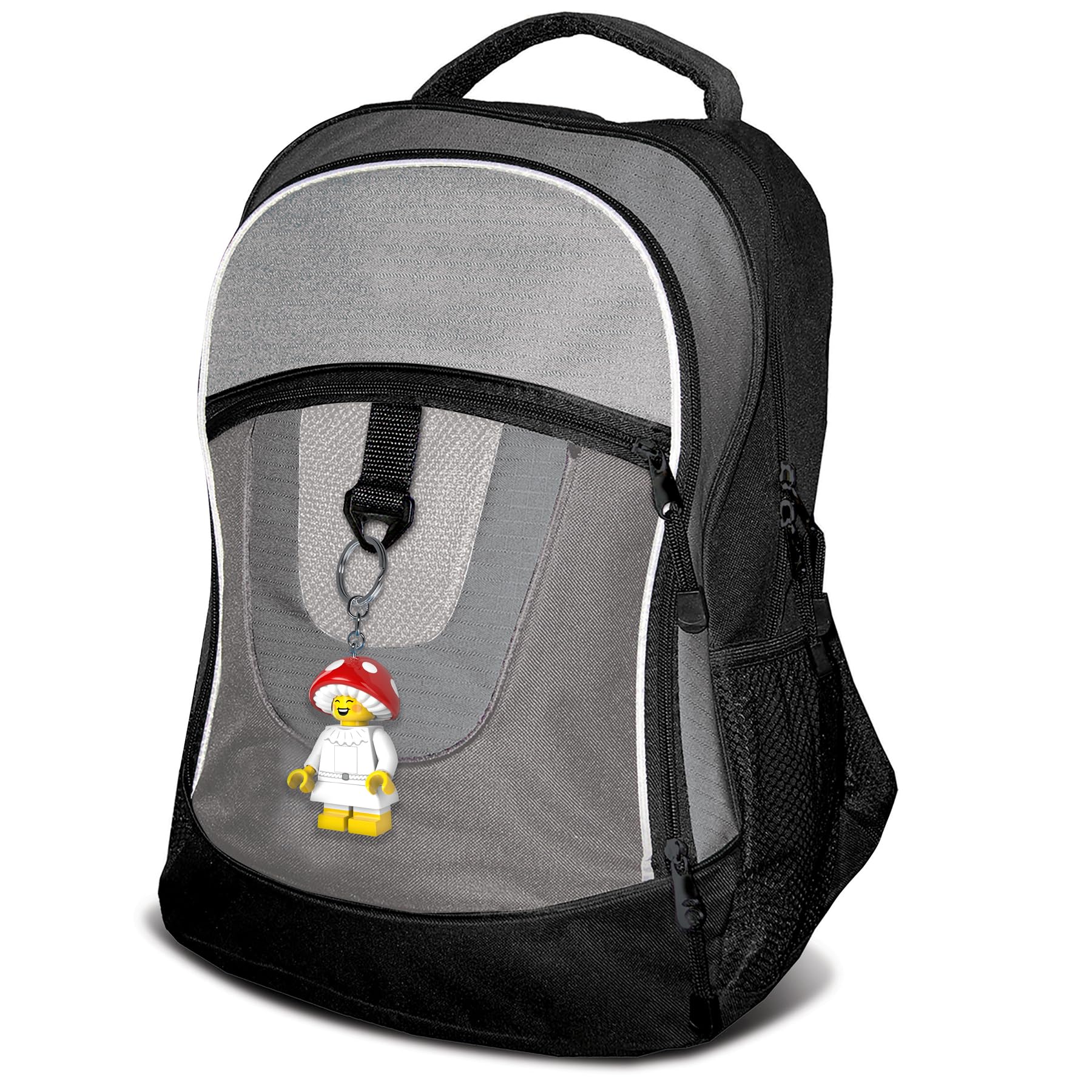 IQ LEGO Mushroom Sprite attaches to bags or keys with a metal ring