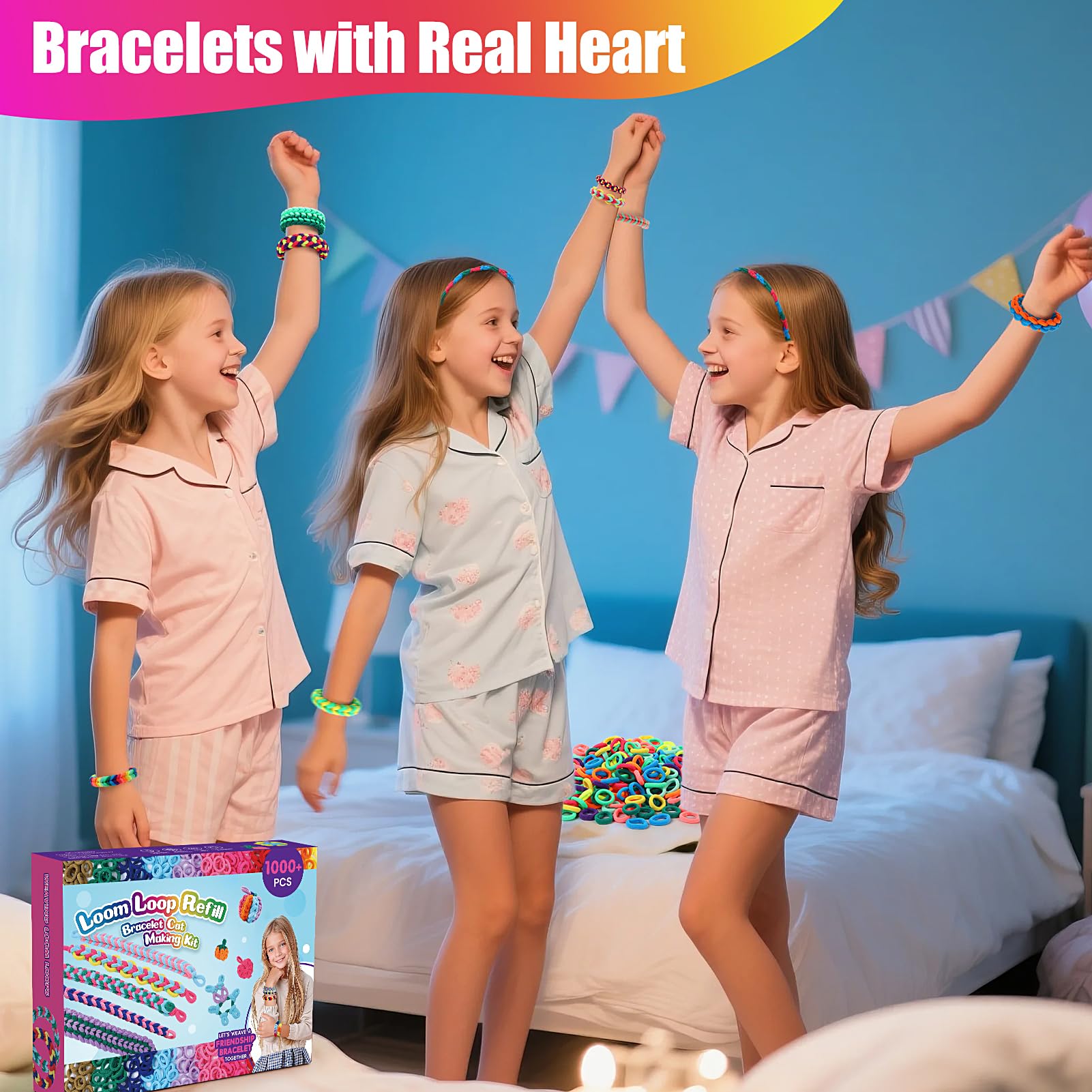 IQBOX loom bands set for bracelets, necklaces, headbands, and stylish hairstyles.