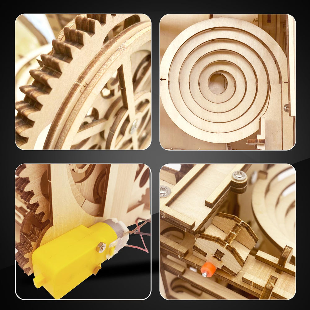 IQIETOY 3D puzzle wooden marble run gear detail displays precision gear system in action