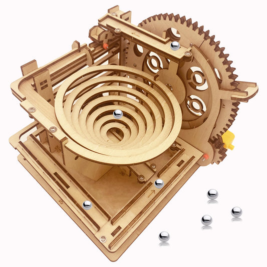 IQIETOY 3D puzzle wooden marble run top view shows gear driven motion for engaging play