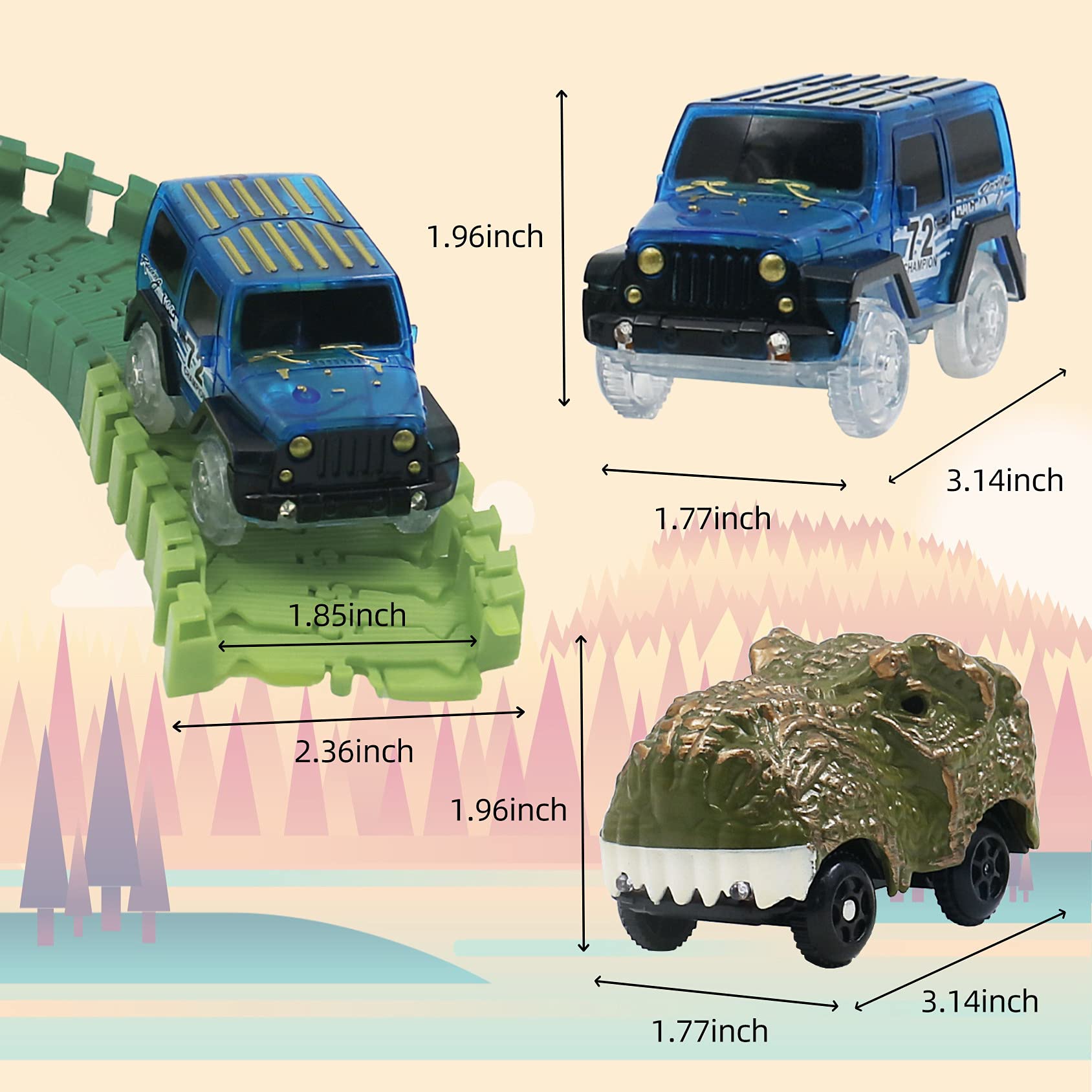 IQKidz Dinosaur World Race Track race-car with bright lights for nighttime racing.