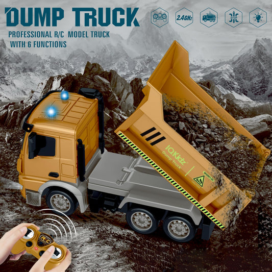 IQKidz RC dump truck bed lift demonstrates easy load dumping for kids' missions.