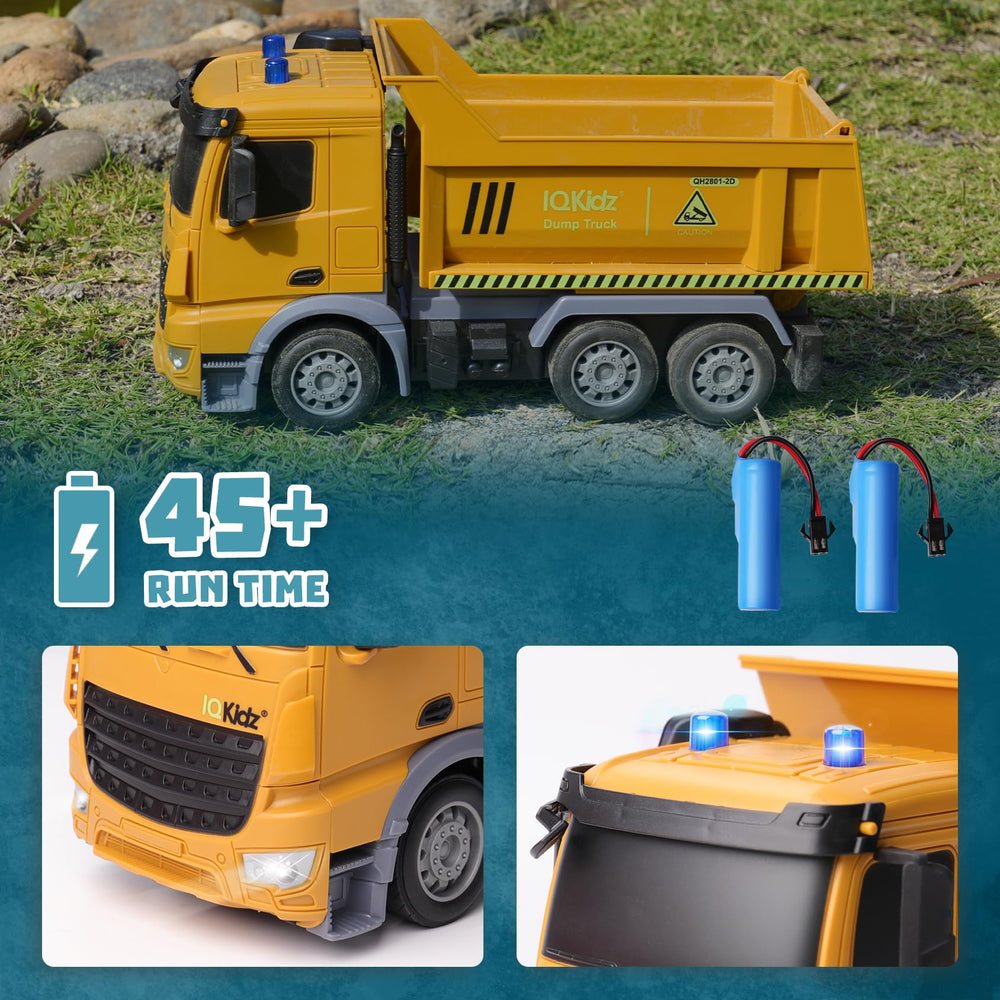IQKidz RC dump truck remote control enables precise steering and lifting.