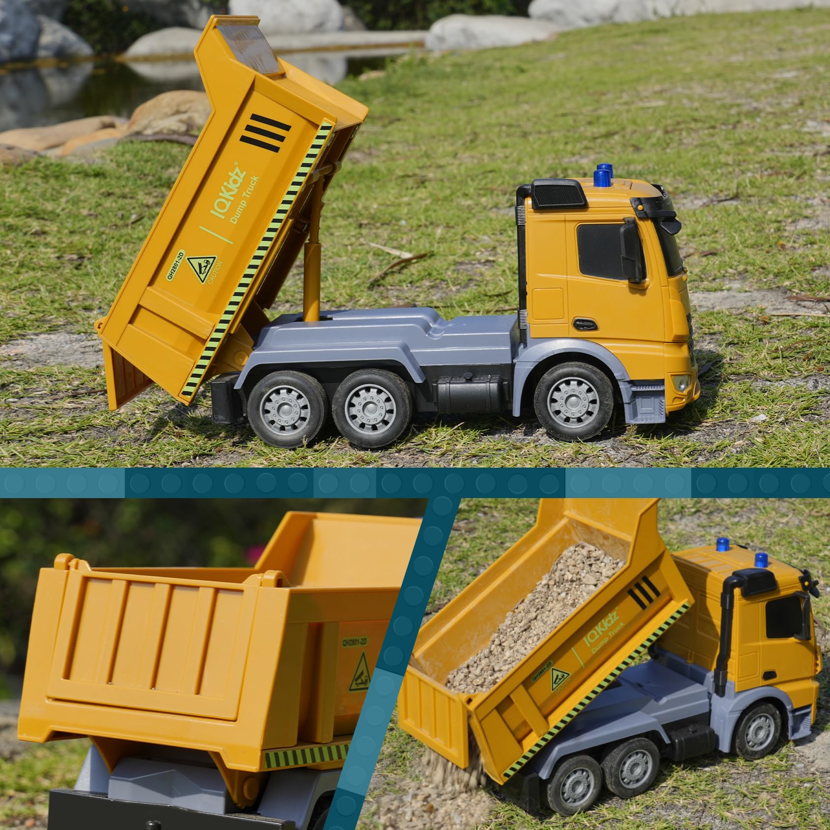IQKidz RC dump truck two batteries extend playtime for uninterrupted adventures.