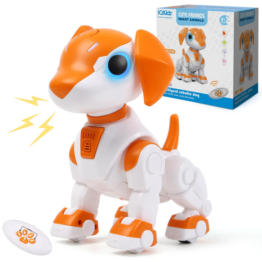 IQKidz remote-control robot dog front view showing compact size for travel fun
