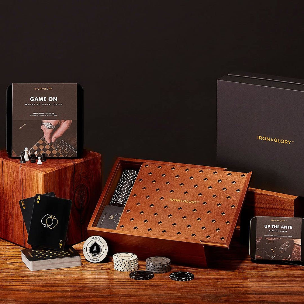 Gift-ready Iron & Glory poker set packaging