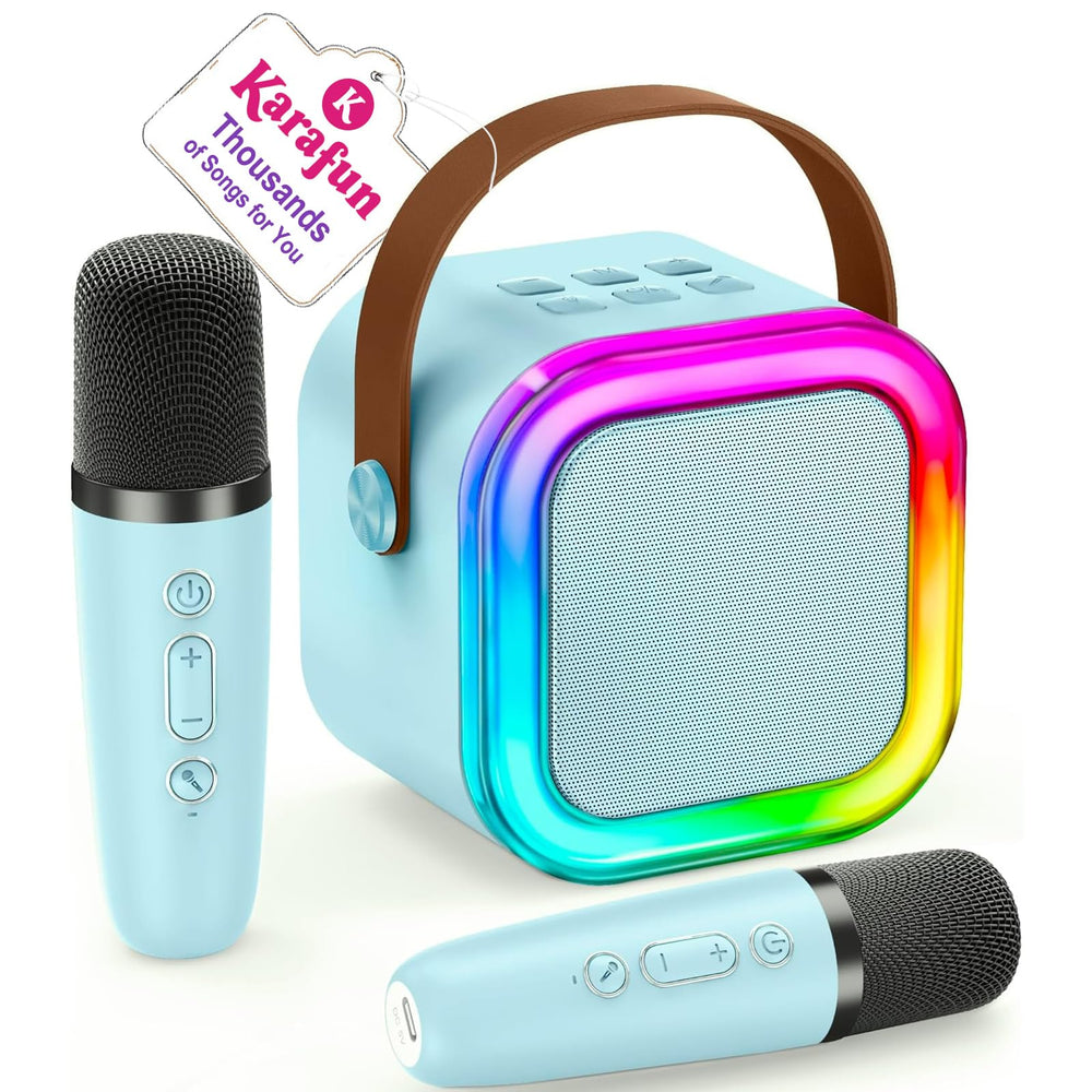 IROO Karaoke Machine for Kids setup shown with easy start and Karafun access for instant singing.