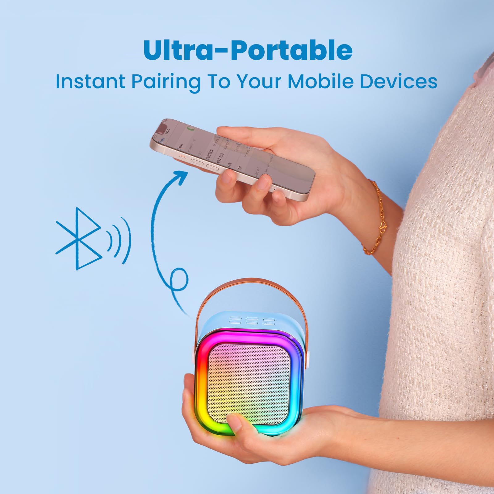 IROO Karaoke Machine compatible with Spotify and YouTube for play-along sessions.