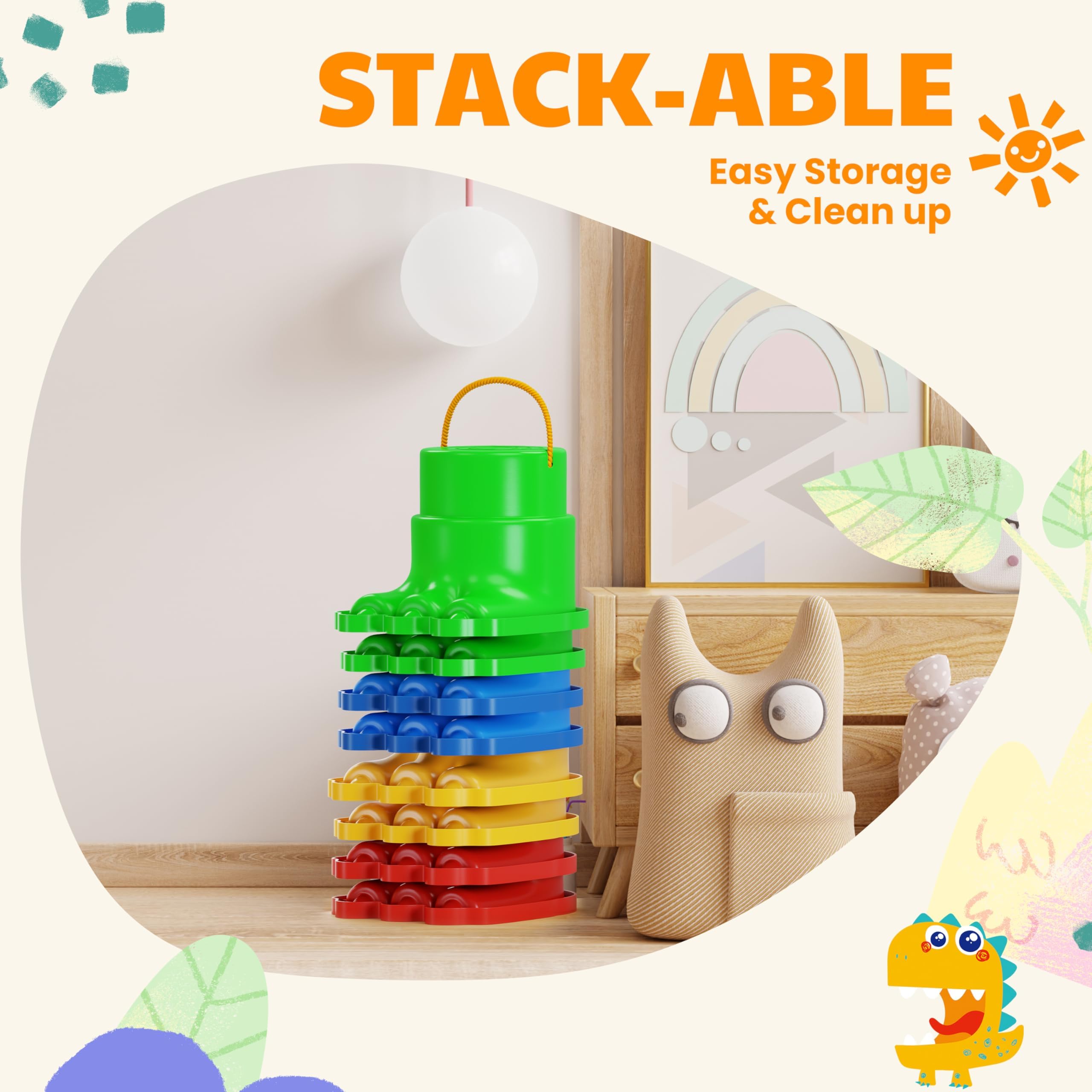 IROO Stackable Stilts Eight Pairs store compactly after play.