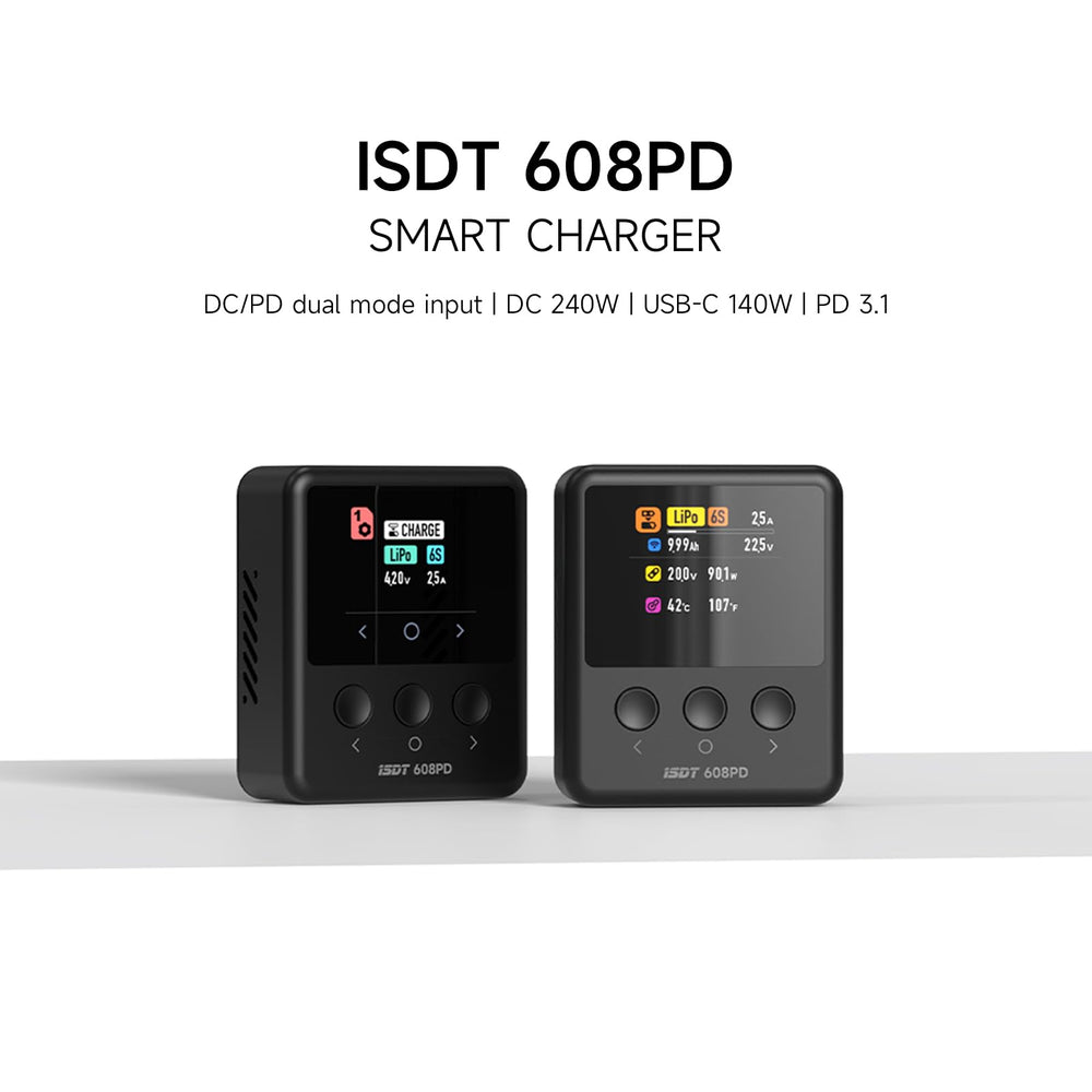 ISDT 608PD USB-C input/output port enabling 140W input and 100W output.