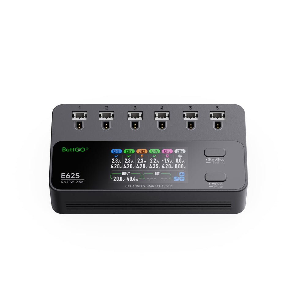 ISDT E625 front view: six-port charger for organized charging.
