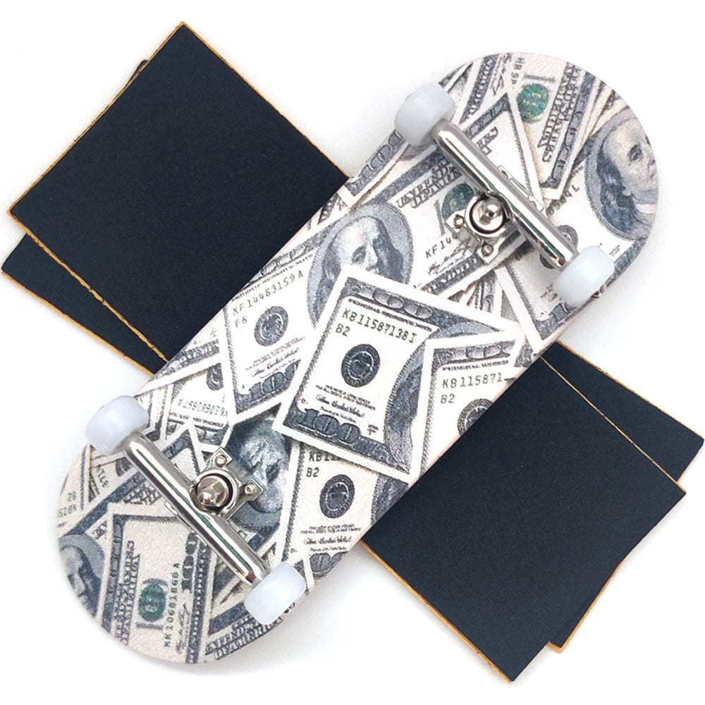 Ishrunkthis 100-dollar-bill pro fingerboard deck demonstrates premium maple and authentic graphics for display and practice.